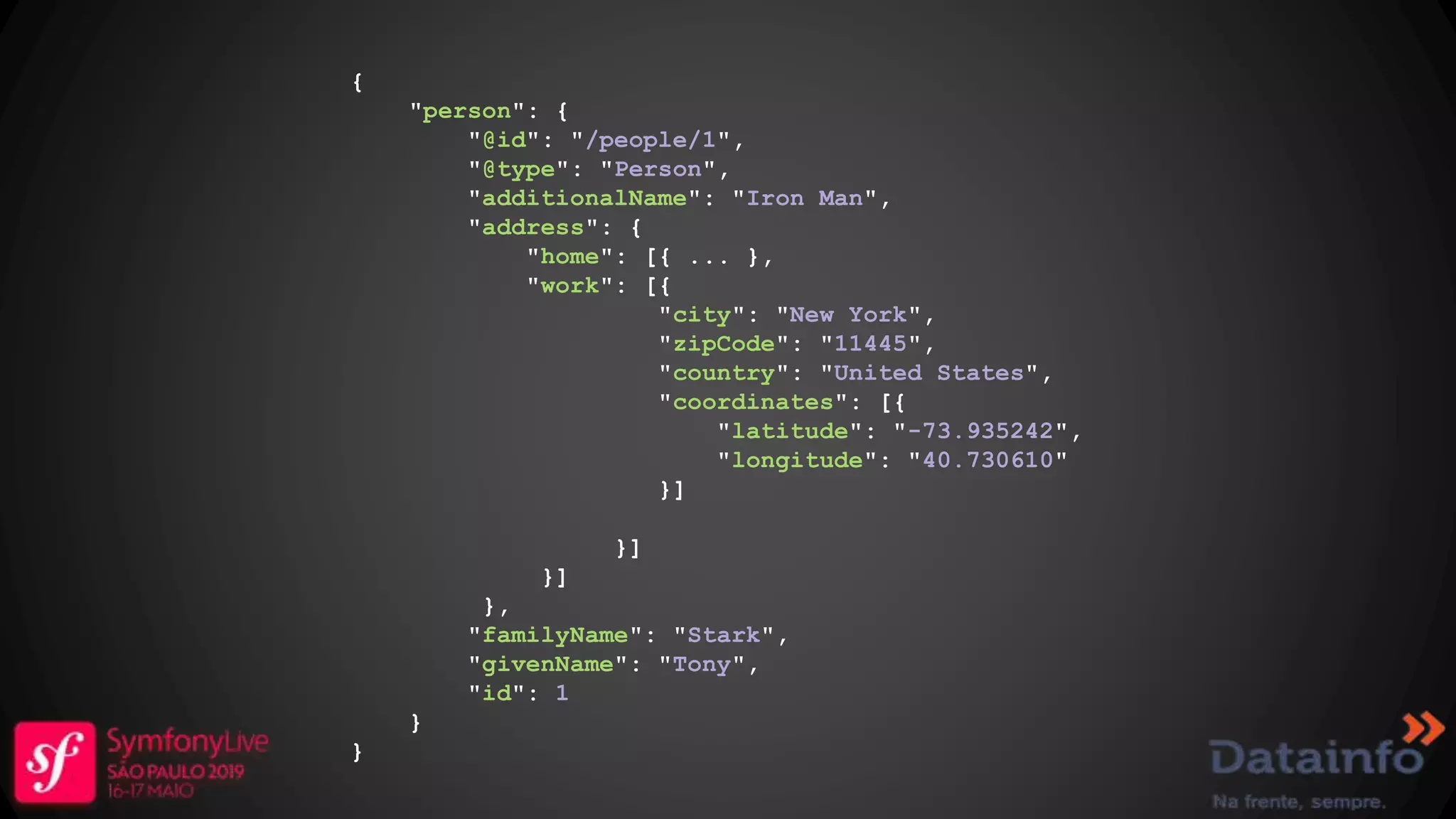 { "person": { "@id": "/people/1", "@type": "Person", "additionalName": "Iron Man", "address": { "home": [{ ... }, "work": [{ "city": "New York", "zipCode": "11445", "country": "United States", "coordinates": [{ "latitude": "-73.935242", "longitude": "40.730610" }] }] }] }, "familyName": "Stark", "givenName": "Tony", "id": 1 } } 