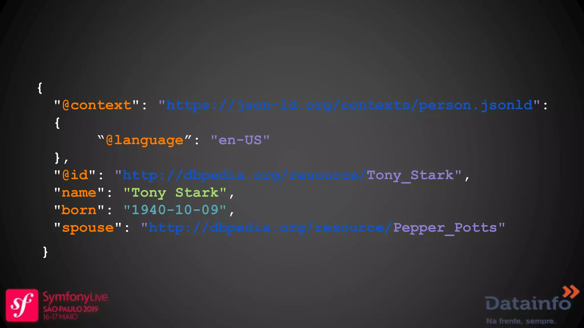 { "@context": "https://json-ld.org/contexts/person.jsonld": { “@language”: "en-US" }, "@id": "http://dbpedia.org/resource/Tony_Stark", "name": "Tony Stark", "born": "1940-10-09", "spouse": "http://dbpedia.org/resource/Pepper_Potts" } 