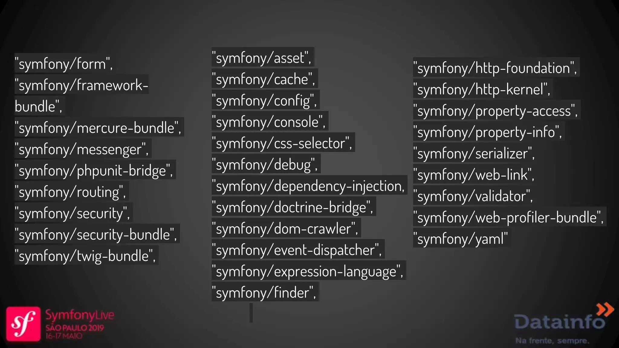 "symfony/http-foundation", "symfony/http-kernel", "symfony/property-access", "symfony/property-info", "symfony/serializer", "symfony/web-link", "symfony/validator", "symfony/web-profiler-bundle", "symfony/yaml" "symfony/asset", "symfony/cache", "symfony/config", "symfony/console", "symfony/css-selector", "symfony/debug", "symfony/dependency-injection, "symfony/doctrine-bridge", "symfony/dom-crawler", "symfony/event-dispatcher", "symfony/expression-language", "symfony/finder", "symfony/form", "symfony/framework- bundle", "symfony/mercure-bundle", "symfony/messenger", "symfony/phpunit-bridge", "symfony/routing", "symfony/security", "symfony/security-bundle", "symfony/twig-bundle", 