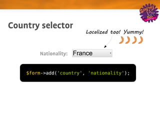 Country selector
                         Localized too! Yummy!



        Nationality:


    $form->add('country', 'nationality');
 