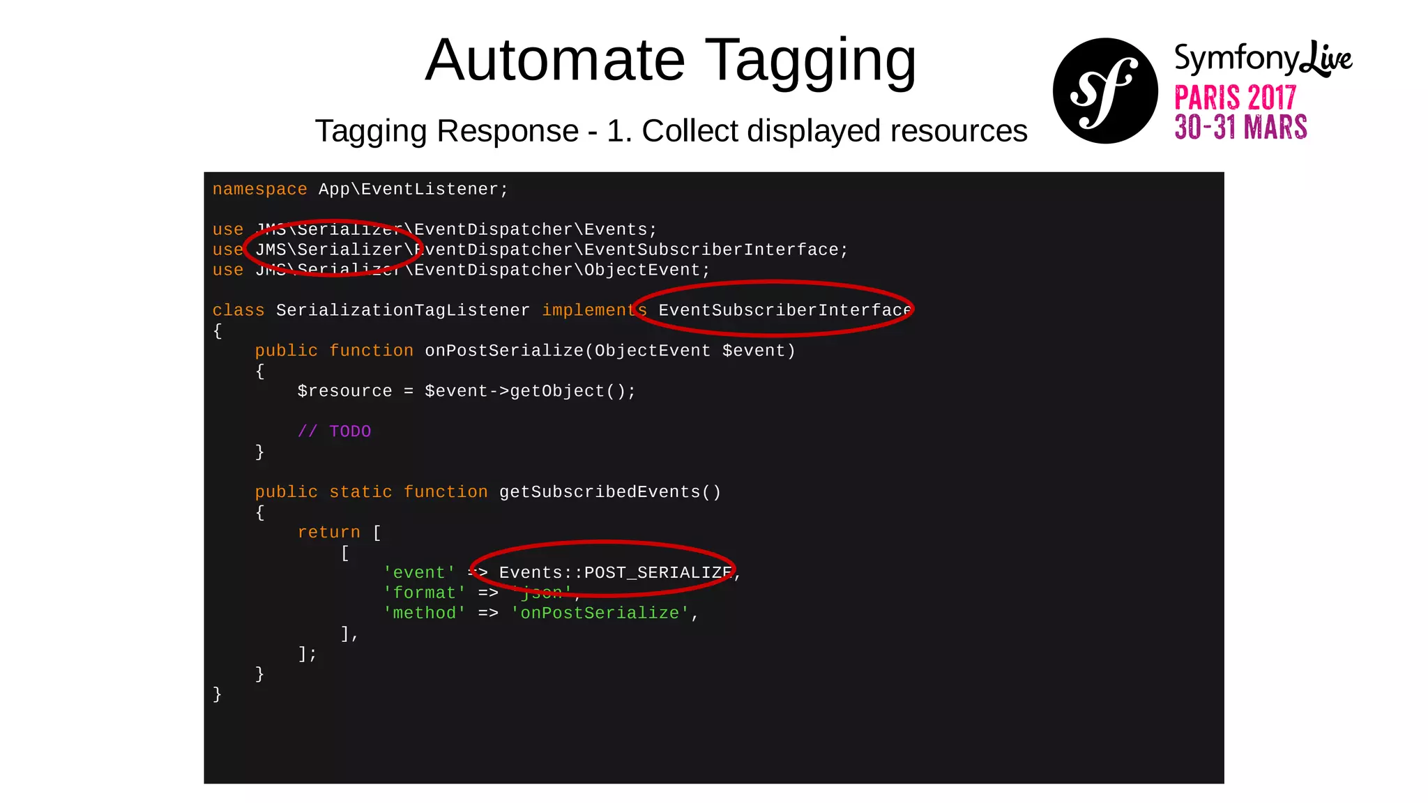 Automate Tagging
Tagging Response - 1. Collect displayed resources
namespace AppEventListener;
use JMSSerializerEventDispatcherEvents;
use JMSSerializerEventDispatcherEventSubscriberInterface;
use JMSSerializerEventDispatcherObjectEvent;
class SerializationTagListener implements EventSubscriberInterface
{
public function onPostSerialize(ObjectEvent $event)
{
$resource = $event->getObject();
// TODO
}
public static function getSubscribedEvents()
{
return [
[
'event' => Events::POST_SERIALIZE,
'format' => 'json',
'method' => 'onPostSerialize',
],
];
}
}
 
