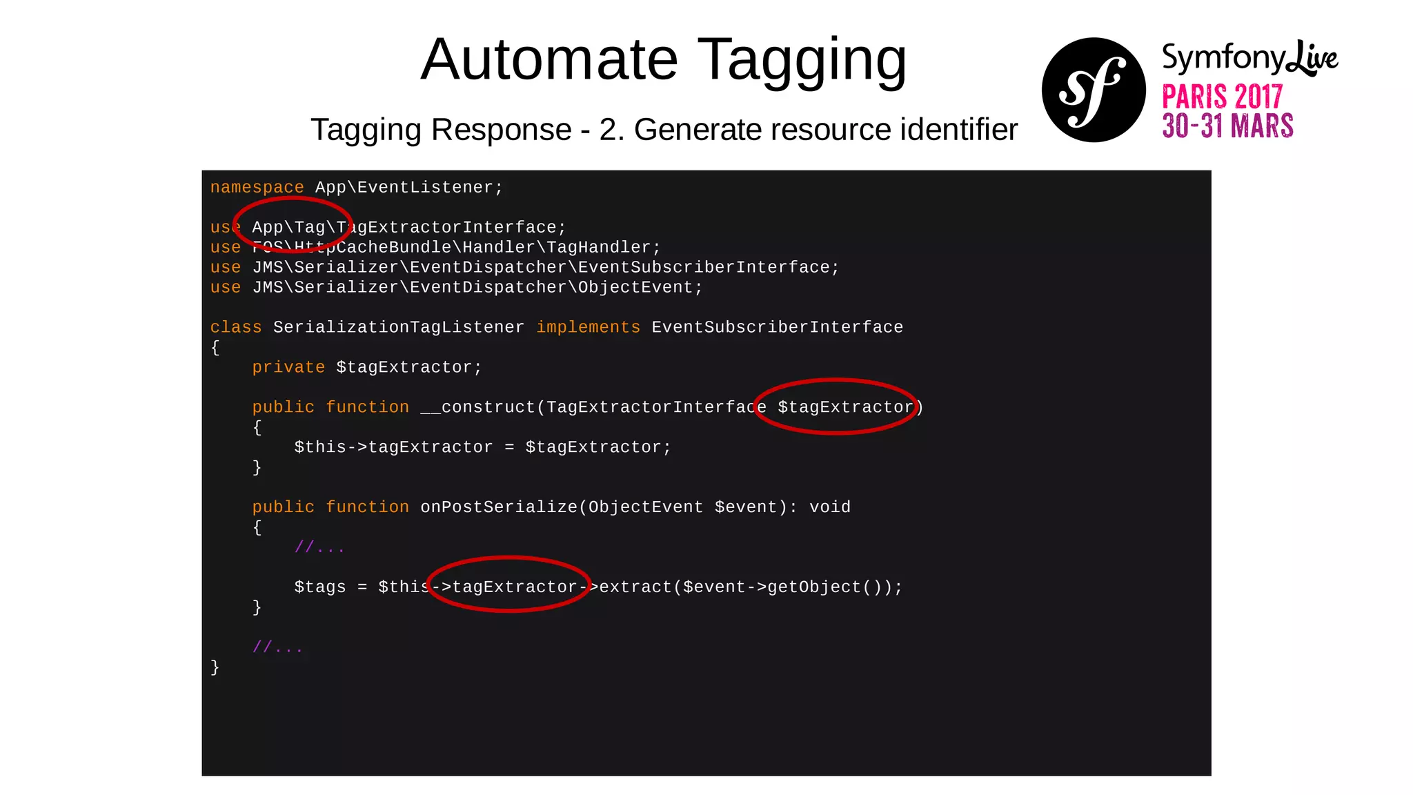Automate Tagging
Tagging Response - 2. Generate resource identifier
namespace AppEventListener;
use AppTagTagExtractorInterface;
use FOSHttpCacheBundleHandlerTagHandler;
use JMSSerializerEventDispatcherEventSubscriberInterface;
use JMSSerializerEventDispatcherObjectEvent;
class SerializationTagListener implements EventSubscriberInterface
{
private $tagExtractor;
public function __construct(TagExtractorInterface $tagExtractor)
{
$this->tagExtractor = $tagExtractor;
}
public function onPostSerialize(ObjectEvent $event): void
{
//...
$tags = $this->tagExtractor->extract($event->getObject());
}
//...
}
 