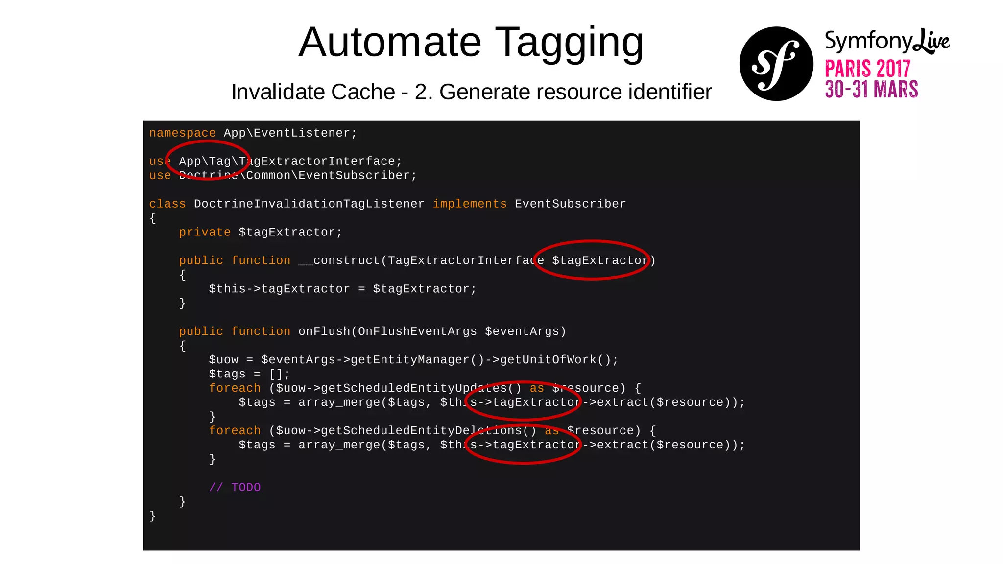 Automate Tagging
Invalidate Cache - 2. Generate resource identifier
namespace AppEventListener;
use AppTagTagExtractorInterface;
use DoctrineCommonEventSubscriber;
class DoctrineInvalidationTagListener implements EventSubscriber
{
private $tagExtractor;
public function __construct(TagExtractorInterface $tagExtractor)
{
$this->tagExtractor = $tagExtractor;
}
public function onFlush(OnFlushEventArgs $eventArgs)
{
$uow = $eventArgs->getEntityManager()->getUnitOfWork();
$tags = [];
foreach ($uow->getScheduledEntityUpdates() as $resource) {
$tags = array_merge($tags, $this->tagExtractor->extract($resource));
}
foreach ($uow->getScheduledEntityDeletions() as $resource) {
$tags = array_merge($tags, $this->tagExtractor->extract($resource));
}
// TODO
}
}
 