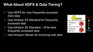 What About HDFS & Data Tiering?
• Use HDFS for very frequently accessed
(hot) data
• Use Amazon S3 Standard for frequently...