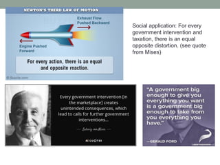 Social application: For every
government intervention and
taxation, there is an equal
opposite distortion. (see quote
from Mises)
 