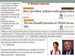 ―When a new source of taxation is found it never means, in practice, that the old source
is abandoned. It merely means that the politicians have two ways of milking the taxpayer
where they had one before.‖ - H. L. Mencken, American journalist, satirist
―It is hard to imagine a
more stupid or more
dangerous way of
making decisions than
by putting those
decisions in the hands
of people who pay no
price
for being wrong.‖
- Thomas Sowell, US
economist, pol
philosopher
A little government and a little luck are necessary in
life, but only a fool trusts either of them.
-- P. J. O'Rourke.
Foreign aid might be defined as a transfer of money
from poor people in rich countries to rich people in
poor countries. - Doug Casey
V. Recent Liberals
 
