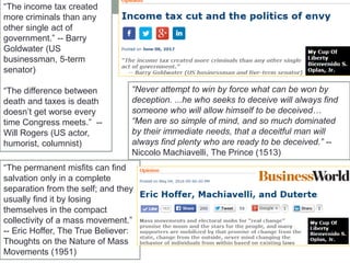 ―The income tax created
more criminals than any
other single act of
government.‖ -- Barry
Goldwater (US
businessman, 5-term
senator)
―The difference between
death and taxes is death
doesn’t get worse every
time Congress meets.‖ --
Will Rogers (US actor,
humorist, columnist)
―The permanent misfits can find
salvation only in a complete
separation from the self; and they
usually find it by losing
themselves in the compact
collectivity of a mass movement.‖
-- Eric Hoffer, The True Believer:
Thoughts on the Nature of Mass
Movements (1951)
―Never attempt to win by force what can be won by
deception. ...he who seeks to deceive will always find
someone who will allow himself to be deceived…
―Men are so simple of mind, and so much dominated
by their immediate needs, that a deceitful man will
always find plenty who are ready to be deceived.‖ --
Niccolo Machiavelli, The Prince (1513)
 