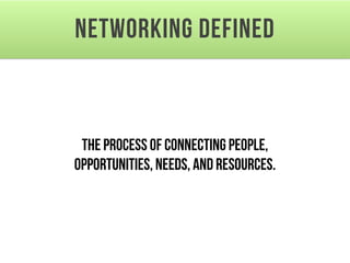 Networking Defined
the process of connecting people,
opportunities, needs, and resources.
 