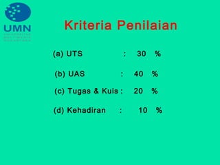Kriteria Penilaian
(a) UTS : 30 %
(b) UAS : 40 %
(c) Tugas & Kuis : 20 %
(d) Kehadiran : 10 %
 