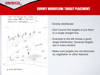 SURVEY WORKFLOW: TARGET PLACEMENT
• Evenly distributed
• Don’t bunch the targets or put them
in a single straight line
• Example to the left shows a good
target distribution, because targets
are in every section
• Make sure targets are not obscured
by vegetation or other features
 