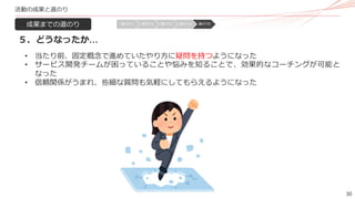 30
活動の成果と道のり
成果までの道のり
５．どうなったか…
• 当たり前、固定概念で進めていたやり方に疑問を持つようになった
• サービス開発チームが困っていることや悩みを知ることで、効果的なコーチングが可能と
なった
• 信頼関係がうまれ、些細な質問も気軽にしてもらえるようになった
道のり１ 道のり2 道のり3 道のり4 道のり5
 