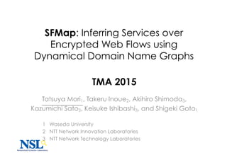 SFMap: Inferring Services over
Encrypted Web Flows using
Dynamical Domain Name Graphs
TMA 2015
Tatsuya Mori1, Takeru Inoue2, Akihiro Shimoda3,
Kazumichi Sato3, Keisuke Ishibashi3, and Shigeki Goto1
1 Waseda University
2 NTT Network Innovation Laboratories
3 NTT Network Technology Laboratories
 