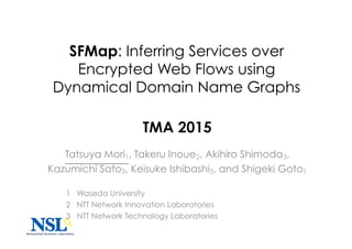 SFMap: Inferring Services over
Encrypted Web Flows using
Dynamical Domain Name Graphs
TMA 2015
Tatsuya Mori1, Takeru Inoue...