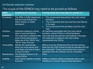 21
FMEA
viewpoint
Guidelines for pruning Pruning steps that were taken in section 2.1
Functional The SRS or SyRS statements
that are most critical from
either mission or safety
standpoint.
 The components that perform the most critical
functions.
 The components that have had the most failures
in the past.
 The components that are likely to be the most
risky.
Interface Interfaces relating to critical
data or communications.
All interfaces associated with the most critical
functions, critical CSCIs or critical hardware.
Detailed The code that is related to the
most critical requirements.
Make use of the “80/20” and
“50/10” rules of thumb.
The code that has had the most defects in the past.
The code that is related to the most critical
requirements and CSCIs.
Vulnerability Identify the weaknesses
which are most severe and
most likely and look for them
in every function
Mitre’s Common Weakness Entry list has ranking.
Note that the CWE entries should be sampled and not
the code itself. If even one function has a serious
weakness then the software can be vulnerable.
Maintenance All corrective actions in all
critical CSCIs
None
Usability User actions related to critical
functions
Safety or mission critical components with a user
interface to a human making critical decisions
2.6 Decide selection scheme
 
