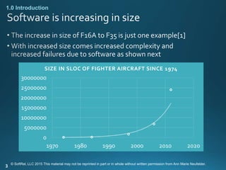 3
1.0 Introduction
0
5000000
10000000
15000000
20000000
25000000
30000000
1970 1980 1990 2000 2010 2020
SIZE IN SLOC OF FIGHTER AIRCRAFT SINCE 1974
© SoftRel, LLC 2015 This material may not be reprinted in part or in whole without written permission from Ann Marie Neufelder.
 