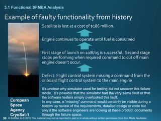 30
3.1 Functional SFMEA Analysis
European
Space
Agency
CryoSat-1
It’s unclear why simulator used for testing did not uncover this failure
mode. It’s possible that the simulator had the very same fault or that
the software testers simply overlooked this fault.
In any case, a “missing” command would certainly be visible during a
bottom up review of the requirements, detailed design or code but
only if the software engineers are looking at these product documents
through the failure space.
© SoftRel, LLC 2015 This material may not be reprinted in part or in whole without written permission from Ann Marie Neufelder.
 