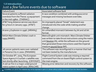 4
few
Failure Event Associated software fault
Several patients suffered radiation
overdose from theTherac 25 equipment
in the mid-1980s. [THERAC]
A race condition combined with ambiguous error
messages and missing hardware overrides.
AT&T long distance service was down
for 9 hours in January 1991. [AT&T]
An improperly placed “break” statement was
introduced into the code while making another
change.
Ariane 5 Explosion in 1996. [ARIAN5] An unhandled mismatch between 64 bit and 16 bit
format.
NASA Mars Climate Orbiter crash in
1999.[MARS]
Metric/English unit mismatch. Mars Climate Orbiter
was written to take thrust instructions using the metric
unit Newton (N), while the software on the ground
that generated those instructions used the Imperial
measure pound-force (lbf).
28 cancer patients were over-radiated
in Panama City in 2000. [PANAMA]
The software was reconfigured in a manner that had
not been tested by the manufacturer.
On October 8th, 2005,The European
Space Agency's CryoSat-1 satellite was
lost shortly after launching. [CRYOSAT]
Flight Control System code was missing a required
command from the on-board flight control system to
the main engine.
A rail car fire in a major underground
metro system in April 2007. [RAILCAR]
Missing error detection and recovery by the software.
1.0 Introduction
© SoftRel, LLC 2015 This material may not be reprinted in part or in whole without written permission from Ann Marie Neufelder.
 