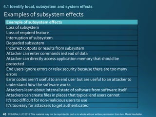 40
Example of subsystem effects
Loss of subsystem
Loss of required feature
Interruption of subsystem
Degraded subsystem
Incorrect outputs or results from subsystem
Attacker can enter commands instead of data
Attacker can directly access application memory that should be
protected
End users ignore errors or relax security because there are too many
errors
Error codes aren’t useful to an end user but are useful to an attacker to
understand how the software works
Attackers learn about internal state of software from software itself
Attackers can create files in places that typical end users cannot
It’s too difficult for non-malicious users to use
It’s too easy for attackers to get authenticated
4.1 Identify local, subsystem and system effects
© SoftRel, LLC 2015 This material may not be reprinted in part or in whole without written permission from Ann Marie Neufelder.
 