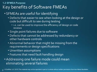 7
1.2 SFMEA Purpose
© SoftRel, LLC 2015 This material may not be reprinted in part or in whole without written permission from Ann Marie Neufelder.
 