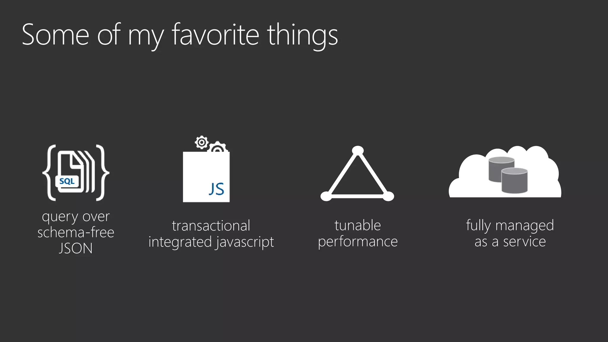 query over
schema-free
JSON
transactional
integrated javascript
tunable
performance
fully managed
as a service
 