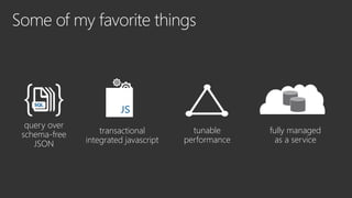 query over
schema-free
JSON
transactional
integrated javascript
tunable
performance
fully managed
as a service
 