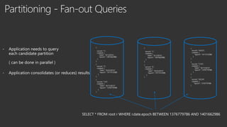 Hash sharding
• Examples: Profile data (user ID, app ID), (user ID), Device and vehicle data (device/vin ID),
Catalog data (item ID)
• Pros: balanced, stateless
• Cons: reshuffling is hard
Range sharding
• Examples: Operational data (timestamp), (timestamp, event ID)
• Pros: easy sliding window, range queries
• Cons: stateful
Lookup sharding
• SaaS/multitenant service (tenant ID), Metadata store (type ID)
• Pros: simple, easy to reshuffle, can span accounts
• Cons: stateful, works only on discrete keys
 