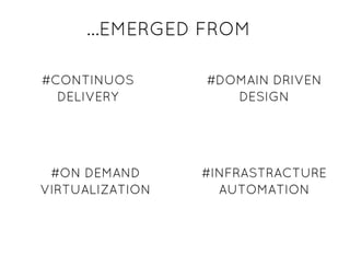 ...EMERGED FROM...EMERGED FROM
#CONTINUOS#CONTINUOS
DELIVERYDELIVERY
#DOMAIN DRIVEN#DOMAIN DRIVEN
DESIGNDESIGN
#ON DEMAND#ON DEMAND
VIRTUALIZATIONVIRTUALIZATION
#INFRASTRACTURE#INFRASTRACTURE
AUTOMATIONAUTOMATION
 