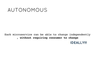 AUTONOMOUSAUTONOMOUS
Each microservice
can be able to change independently
without requiring consumer to change
IDEALLY!!!IDEALLY!!!
 