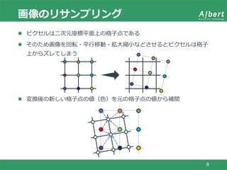 画像のリサンプリング
8
 ピクセルは二次元座標平面上の格子点である
 そのため画像を回転・平行移動・拡大縮小などさせるとピクセルは格子
上からズレてしまう
 変換後の新しい格子点の値（色）を元の格子点の値から補間
 