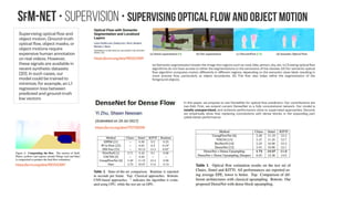 SfM-NeT • Supervision • Supervising depth
If depth is available on parts of the
input image, such as with video
sequences captured by a Kinect
sensor, we can use depth supervision
in the form of robust depth regression.
No in theory we can give targets
automatically for SfM pipeline
designed to operate:
1) without depth sensor, such as
traditional smartphone
- Target with Kinect or high-
quality laser scanner
2) Google Tango smartphone
with “low-quality depth sensing”
- Target with high-quality
laser scanner
No need for massive Mechanic
Turker workforce for boring time-
consuming labeling
3D with Kinect
Computer Vision Workshops (ICCV Workshops), 2011 IEEE International Conference on
Jan Smisek ; Michal Jancosek ; Tomas Pajdla
Date of Conference: 6-13 Nov. 2011
https://doi.org/10.1109/ICCVW.2011.6130380
“We demonstrate the functionality of
Kinect calibration by integrating it
into an SfM pipeline where 3D
measurements from a moving Kinect
are transformed into a common
coordinate system by computing
relative poses from matches in color
camera.”
SfM
performs
better
when one
has both
RGB and
depth
data
available
 