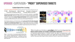 Upgrade • Supervision • Loss Function #2
Geometric Loss Functions for
Camera Pose Regression with
Deep Learning
Alex Kendall, Roberto Cipolla
(Submitted on 2 Apr 2017 (v1), last revised 23 May 2017 (this version, v2))
https://arxiv.org/abs/1704.00390
We show that our geometric approach can improve PoseNet’s efficacy across many different datasets – narrowing
the deficit to traditional SIFT feature-based algorithms. For outdoor scenes ranging from 50, 000m2
to 2km2
we
can achieve relocalisation accuracies of a few meters and a few degrees. In small rooms we are able to achieve
accuracies of 0.2 − 0.4m.
Comparison of different loss functions. We use an L1 distance for the
residuals in each loss. Linear sum combines position and orientation losses
with a constant scaling parameter β (Kendall and Cipolla 2015) and is defined
in (2). Learn weighting is the loss function in (3) which learns to combine
position and orientation using homoscedastic uncertainty. Reprojection error
implicitly combines rotation and translation by using the reprojection error of
the scene geometry as the loss (7). We find that homoscedastic uncertainty is
able to learn an effective weighting between position and orientation
quantities. The reprojection loss was not able to converge from random
initialisation. However, when used to fine-tune a network pretrained with (3) it
yields the best results.
 