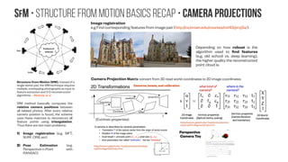 SfM • Structure from Motion Basics recap • Camera Projections
Structure-from-Motion (SfM). Instead of a
single stereo pair, the SfM technique requires
multiple, overlapping photographs as input to
feature extraction and 3-D reconstruction
algorithms. - Westoby et al
SfM method basically computes the
relative camera positions between
all related photos. After every relative
camera position is found, the scheme
uses these matrices to reconstruct all
feature points using triangulation.
Thus there are two main problems:
1) Image registration (e.g. SIFT,
SURF, ORB, etc)
2) Pose Estimation (e.g.
Perspective-n-Point with
RANSAC)
Image registration
e.g Find corresponding features from image pair (http://cs.brown.edu/courses/cs143/proj3a/)
Depending on how robust is the
algorithm used to find features
(e.g. old school vs. deep learning),
the higher quality the reconstructed
point cloud is.
Camera Projection Matrix convert from 3D read world coordinates to 2D image coordinates
ults/proj3/html/agartia3/index.html
Perspective
Camera Toy
 