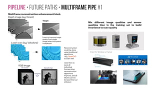 Pipeline • Future paths • ConvNet Architecture • DenseNet #3
https://arxiv.org/abs/1702.02295 https://arxiv.org/abs/1707.06316
Classical expanding uses series of convolutions, deconvolutions, and skip connections to recover
the spatial resolution in order to get the perpixel prediction results. Due to the good properties of
DenseNet, we propose to replace the convolutions with dense blocks during expanding as
well. However, if we follow the same dense connectivity pattern, the number of feature maps after
each dense block will keep increasing. Considering that the resolution of the feature maps also
increases during expanding, the computational cost will be intractable for current GPUs. Thus, for a
dense block in the expanding part, we do not concatenate the input to its final output. For example,
if the input has k0
channels, the output of an L layer dense block will have Lk feature maps. k is the
growth rate of a DenseNet, defining the number of feature maps each layer produces. Note that
dense blocks in the contracting part will output k0
+ Lk feature maps. For symmetry, we also
introduce four dense blocks in the expanding part, each of which has four layers. The bottom layer
feature maps at the same resolution are concatenated through skip connections. Between the
dense blocks, there are transition up layers composed of two 3×3 deconvolutions with a stride of
2. One is for upsampling the estimated optical flow, and the other is for upsampling the feature
maps.
“Our model is totally unsupervised., thus we can experiment
with large-scale video corpora in future work, to learn non-
rigid real world motion patterns. Through comparison of
popular CNN architectures, we found that it is important to
design novel operators or networks for optical flow
estimation instead of relying on existing architectures
for image classification.”
In this work, we choose FlowFields (Bailer et al. 2015) as our classical optical flow estimator. To
our knowledge, it is one of the most accurate flow estimators among the published work. We
hope that by using FlowFields to generate proxy ground truth, we can learn to estimate
motion between image pairs as effectively as using the true ground truth.
If a classical approach fails to detect certain motion patterns, a network trained on the proxy
ground truth is also likely to miss these patterns. This leads us to ask if there is other
unsupervised guidance that can improve the network training?
The unsupervised approach (Yu et al. 2016) treats optical flow estimation as an image
reconstruction problem based on the intuition that if the estimated flow and the next frame can
be used to reconstruct the current frame then the network has learned useful representations
of the underlying motions.
Note that we could add additional unsupervised guides like a gradient constancy assumption
or an edge-aware weighted smoothness loss (Godard et al 2016) to further fine tune our models.
 
