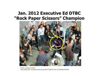 Jan. 2012 Executive Ed DTBC
“Rock Paper Scissors” Champion




  ©	
  2012	
  	
  Stanford	
  d.school	
  	
  
  	
  h:p://www.ﬂickr.com/photos/cba-­‐dschool/6757758877/in/set-­‐72157629019745789	
  
 