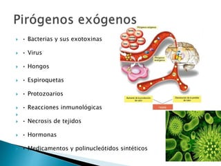  • Bacterias y sus exotoxinas
 • Virus
 • Hongos
 • Espiroquetas
 • Protozoarios
 • Reacciones inmunológicas

 • Necrosis de tejidos
 • Hormonas
 • Medicamentos y polinucleótidos sintéticos
 