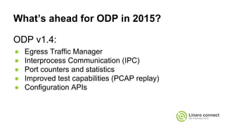 What’s ahead for ODP in 2015?
ODP v1.4:
● Egress Traffic Manager
● Interprocess Communication (IPC)
● Port counters and statistics
● Improved test capabilities (PCAP replay)
● Configuration APIs
 