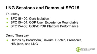 LNG Sessions and Demos at SFO15
Thursday
● SFO15-400: Core Isolation
● SFO15-404: ODP User Experience Roundtable
● SFO15-408: ODP-DPDK Platform Performance
Demo Thursday
● Demos by Broadcom, Cavium, EZchip, Freescale,
HiSilicon, and LNG
 