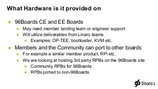 ● 96Boards CE and EE Boards
● May need member landing team or engineer support
● Will utilize deliverables from Linaro teams
● Examples: OP-TEE, bootloader, KVM etc.
● Members and the Community can port to other boards
● For example a similar member product, RPi etc.
● We are looking at hosting 3rd party RPBs on the 96Boards site
● Community RPBs for 96Boards
● RPBs ported to non-96Boards
What Hardware is it provided on
 