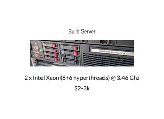 Build Server
2 x Intel Xeon (6+6 hyperthreads) @ 3.46 Ghz
$2-3k
 