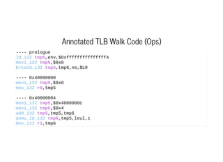 Annotated TLB Walk Code (Ops)
­­­­ prologue
ld_i32 tmp5,env,$0xfffffffffffffff4
movi_i32 tmp6,$0x0
brcond_i32 tmp5,tmp6,ne,$L0
­­­­ 0x40000000
movi_i32 tmp5,$0x0
mov_i32 r0,tmp5
­­­­ 0x40000004
movi_i32 tmp5,$0x4000000c
movi_i32 tmp6,$0x4
add_i32 tmp5,tmp5,tmp6
qemu_ld_i32 tmp6,tmp5,leul,1
mov_i32 r1,tmp6
 