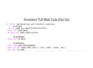 Annotated TLB Walk Code (Opt Op)
OP after optimization and liveness analysis:
 ­­­­ prologue
 ld_i32 tmp5,env,$0xfffffffffffffff4
 movi_i32 tmp6,$0x0
 brcond_i32 tmp5,tmp6,ne,$L0
 ­­­­ 0x40000000
 movi_i32 r0,$0x0
 ­­­­ 0x40000004
 movi_i32 tmp5,$0x40000010
 qemu_ld_i32 tmp6,tmp5,leul,1 (val, addr, index, opc)
 mov_i32 r1,tmp6
 
