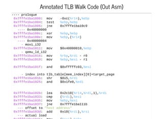 Annotated TLB Walk Code (Out Asm)
­­­­ prologue
 0x7fffe1ba1000:  mov    ­0xc(%r14),%ebp
 0x7fffe1ba1004:  test   %ebp,%ebp
 0x7fffe1ba1006:  jne    0x7fffe1ba10c9
   ­­­­ 0x40000000
 0x7fffe1ba100c:  xor    %ebp,%ebp
 0x7fffe1ba100e:  mov    %ebp,(%r14)
   ­­­­ 0x40000004
     ­ movi_i32
 0x7fffe1ba1011:  mov    $0x40000010,%ebp
     ­ qemu_ld_i32
 0x7fffe1ba1016:  mov    %rbp,%rdi ­ r0
 0x7fffe1ba1019:  mov    %ebp,%esi ­ r1
 0x7fffe1ba101f:  and    $0xfffffc03,%esi
     ­ index into tlb_table[mem_index][0]+target_page
 0x7fffe1ba101b:  shr    $0x5,%rdi
 0x7fffe1ba1025:  and    $0x1fe0,%edi
 0x7fffe1ba102b:  lea    0x2c18(%r14,%rdi,1),%rdi
 0x7fffe1ba1033:  cmp    (%rdi),%esi
 0x7fffe1ba1035:  mov    %ebp,%esi
 0x7fffe1ba1037:  jne    0x7fffe1ba111b
   ­­­ offset to "host address"
 0x7fffe1ba103d:  add    0x10(%rdi),%rsi
   ­­­ actual load
 