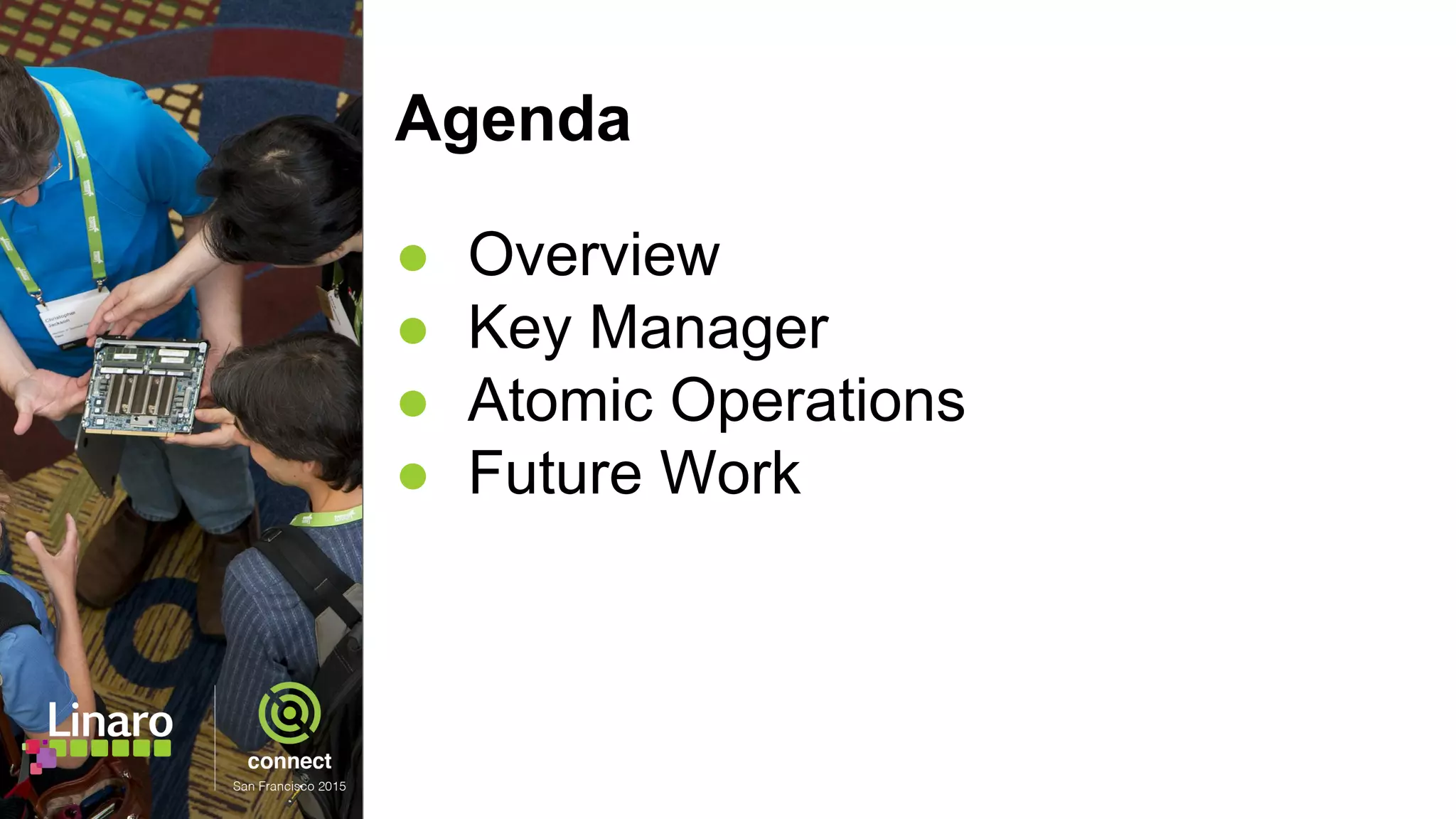 Agenda
● Overview
● Key Manager
● Atomic Operations
● Future Work
 