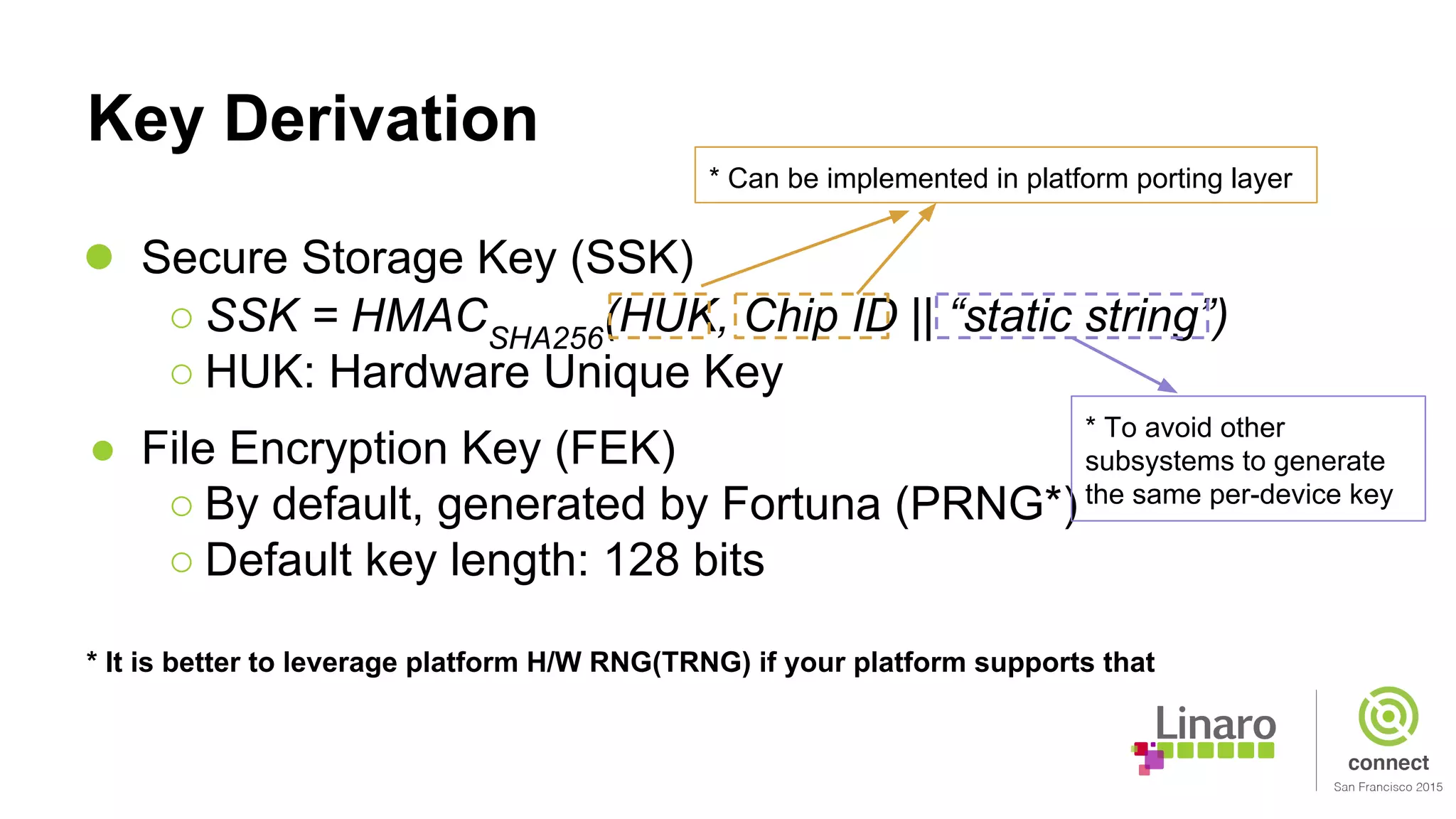 Key Derivation
● Secure Storage Key (SSK)
○ SSK = HMACSHA256
(HUK, Chip ID || “static string”)
○ HUK: Hardware Unique Key
● File Encryption Key (FEK)
○ By default, generated by Fortuna (PRNG*)
○ Default key length: 128 bits
* It is better to leverage platform H/W RNG(TRNG) if your platform supports that
* Can be implemented in platform porting layer
* To avoid other
subsystems to generate
the same per-device key
 