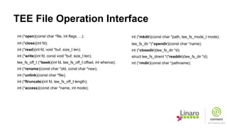 TEE File Operation Interface
int (*open)(const char *file, int flags, ...);
int (*close)(int fd);
int (*read)(int fd, void *buf, size_t len);
int (*write)(int fd, const void *buf, size_t len);
tee_fs_off_t (*lseek)(int fd, tee_fs_off_t offset, int whence);
int (*rename)(const char *old, const char *new);
int (*unlink)(const char *file);
int (*ftruncate)(int fd, tee_fs_off_t length);
int (*access)(const char *name, int mode);
int (*mkdir)(const char *path, tee_fs_mode_t mode);
tee_fs_dir *(*opendir)(const char *name);
int (*closedir)(tee_fs_dir *d);
struct tee_fs_dirent *(*readdir)(tee_fs_dir *d);
int (*rmdir)(const char *pathname);
 