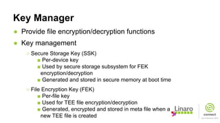 Key Manager
● Provide file encryption/decryption functions
● Key management
○ Secure Storage Key (SSK)
■ Per-device key
■ Used by secure storage subsystem for FEK
encryption/decryption
■ Generated and stored in secure memory at boot time
○ File Encryption Key (FEK)
■ Per-file key
■ Used for TEE file encryption/decryption
■ Generated, encrypted and stored in meta file when a
new TEE file is created
 