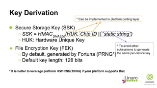 Key Derivation
● Secure Storage Key (SSK)
○ SSK = HMACSHA256
(HUK, Chip ID || “static string”)
○ HUK: Hardware Unique Key
● File Encryption Key (FEK)
○ By default, generated by Fortuna (PRNG*)
○ Default key length: 128 bits
* It is better to leverage platform H/W RNG(TRNG) if your platform supports that
* Can be implemented in platform porting layer
* To avoid other
subsystems to generate
the same per-device key
 