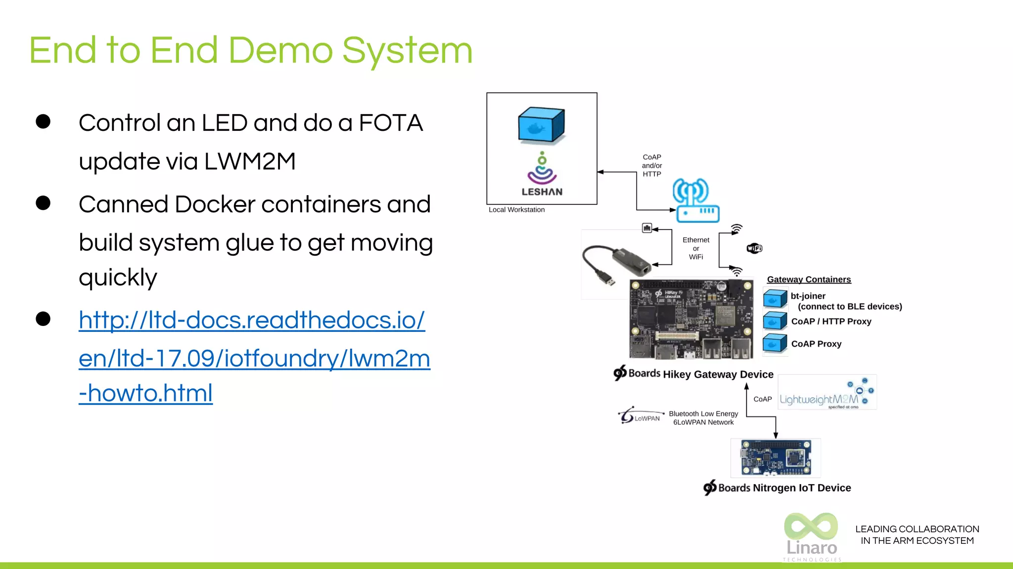 LEADING COLLABORATION
IN THE ARM ECOSYSTEM
End to End Demo System
● Control an LED and do a FOTA
update via LWM2M
● Canned Docker containers and
build system glue to get moving
quickly
● http://ltd-docs.readthedocs.io/
en/ltd-17.09/iotfoundry/lwm2m
-howto.html
 