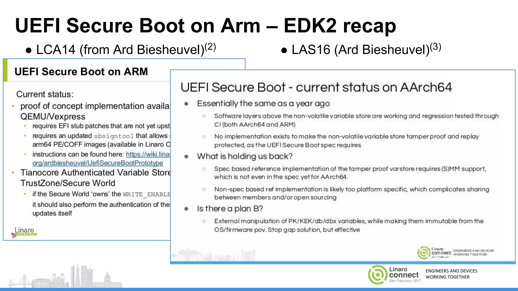 ENGINEERS AND DEVICES
WORKING TOGETHER
UEFI Secure Boot on Arm – EDK2 recap
● LCA14 (from Ard Biesheuvel)(2) ● LAS16 (Ard Biesheuvel)(3)
 