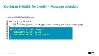 © 2017 Arm Limited18
Optimize SHA256 for arm64 – Message schedule
src/crypto/sha256/sha256block.go
84 for i := 0; i < 16; i++ {
85 j := i * 4
86 w[i] = uint32(p[j])<<24 | uint32(p[j+1])<<16 | uint32(p[j+2])<<8 | uint32(p[j+3])
87 }
88 for i := 16; i < 64; i++ {
89 v1 := w[i-2]
90 t1 := (v1>>17 | v1<<(32-17)) ^ (v1>>19 | v1<<(32-19)) ^ (v1 >> 10)
91 v2 := w[i-15]
92 t2 := (v2>>7 | v2<<(32-7)) ^ (v2>>18 | v2<<(32-18)) ^ (v2 >> 3)
93 w[i] = t1 + w[i-7] + t2 + w[i-16]
94 }
for i := 16; i < 64; i+=4 {
SHA256SU0 Vn.S4, Vd.S4
SHA256SU1 Vm.S4, Vn.S4, Vd.S4
}
 